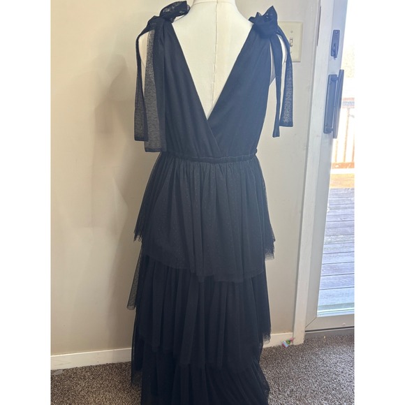 Three Bird Nest BohoBlack Tulle Tiered Midi Dress Swiss Dot Tie Shoulder V-Neck - Picture 8 of 10
